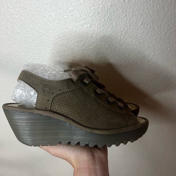 Fly London Yuta Wedge Sandals Taupe Perforated Lace-Up Open Toe 40 / US 9.5-10 - Picture 3 of 8